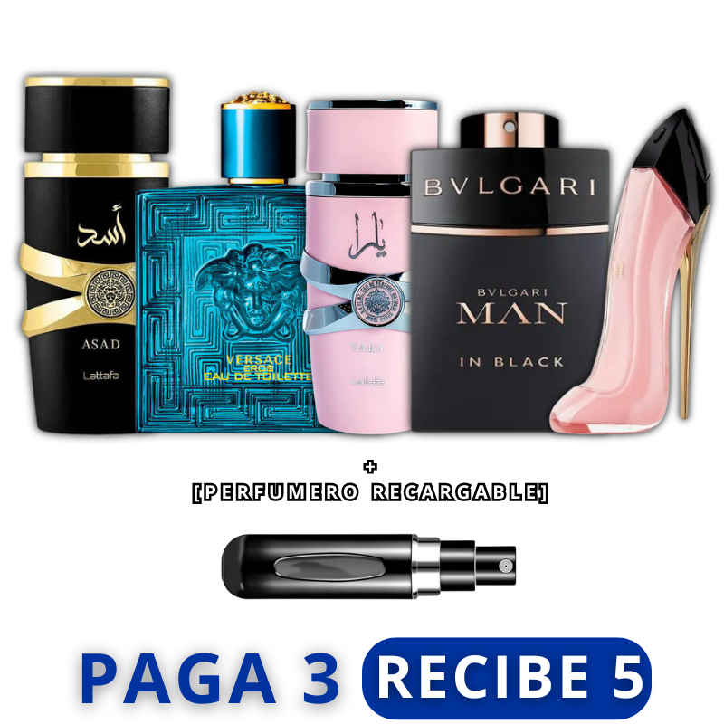 [PAGA 3 Y RECIBE 5] Perfume ASAD + VERSACE EROS + YARA + BVLGARI MAN + CAROLINA HERRERA GOOD GIRL + REGALO (Perfumero Recargable) 🤳