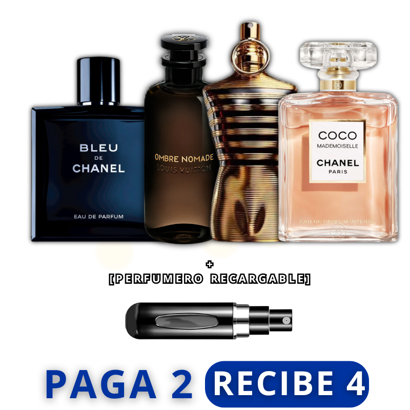 [PAGA 2 Y RECIBE 4] Perfume BLEU DE CHANEL + OMBRE NOMADE + JEAN PAUL ELIXIR + COCO CHANEL + REGALO (Perfumero Recargable) 🤳